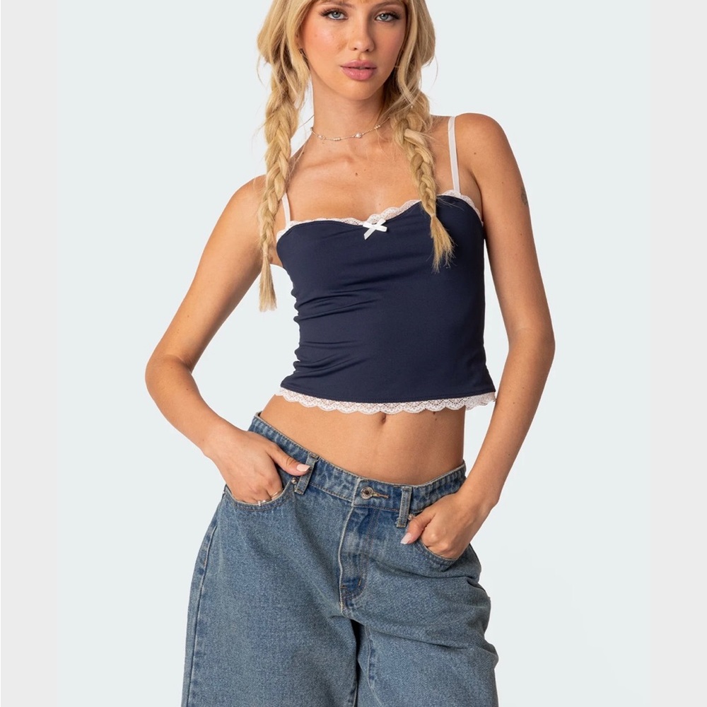 Edikted Navy Blue Crop Top with White Lace Trim